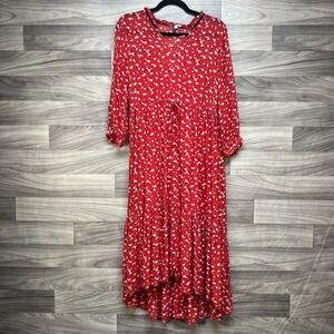 Lucky Brand Midi Dress Women's M Red Floral Lined Tie Waist Long‎ Sleeve V-Neck